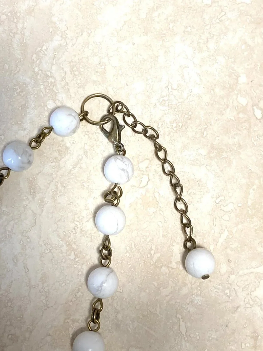 Genuine White Magnesite Short Necklace, Natural Gemstone & Bronze Round Mushroom - Picture 11 of 14